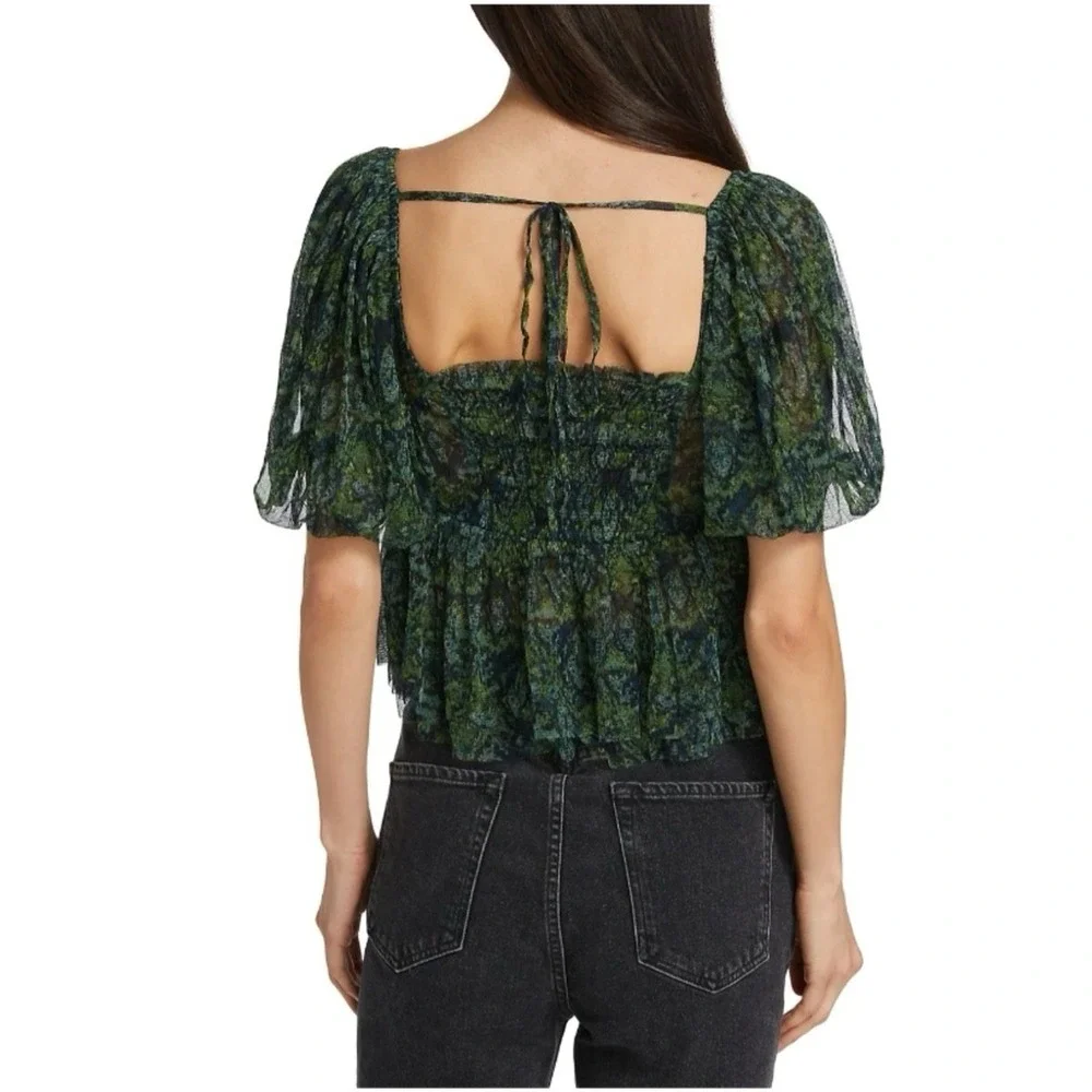 Free People Penelope Babydoll Smocked Mesh Top Blouse in Deep‎ Sea Green Sz S